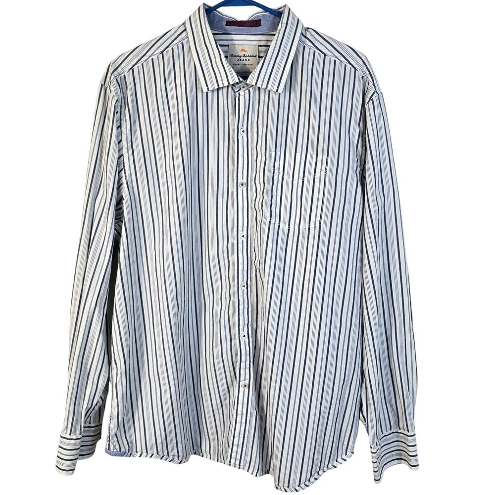 Tommy Bahama Shirt Men's XL Blue White Stripe Island Modern Fit Coastal Beachy